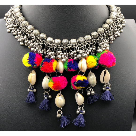 Zara Jewelry - Zara Necklace 19" Pom Pom and Shell Silver Tone ChaCha Beads Boho Choker NWT